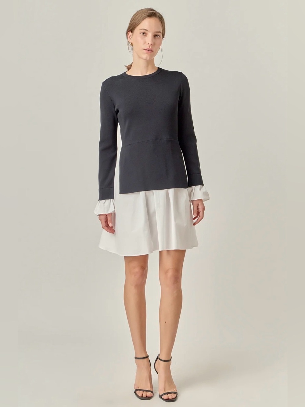 English Factory Poplin Combo Knit Mini Dress in Black and White, Size XS